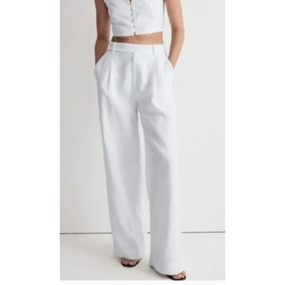 Madewell The Harlow Wide Leg Pants in 100% Linen Eyelet White NWOT Size 14P - Picture 1 of 14